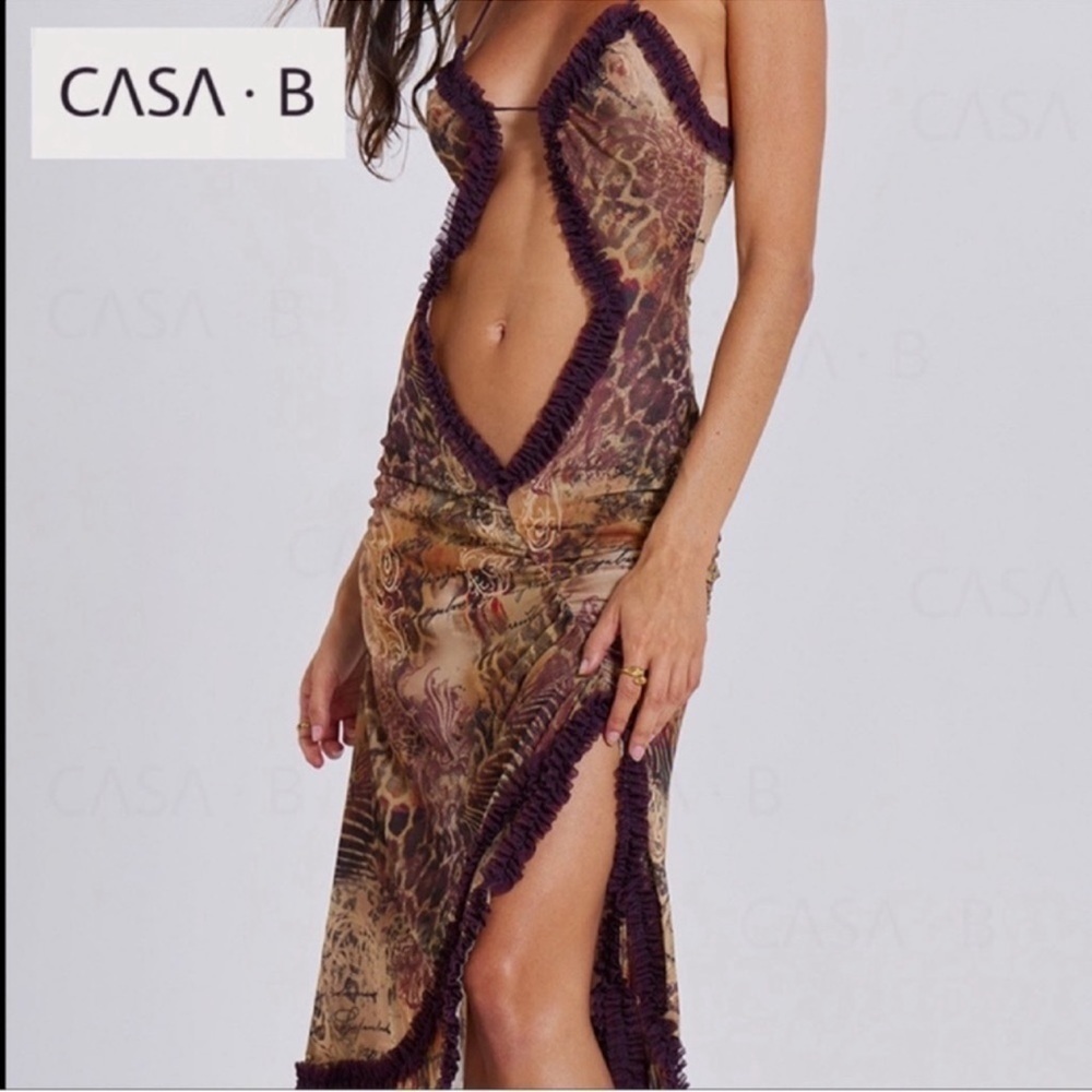 5⭐️CASA B| Seraphina Sheer Cut-Out Frill Leopard Script Print Maxi Dress - Picture 7 of 15